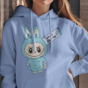 Blue Labubu Hoodie – Cute Elf Design with “Never Give Up” Message | Gift-Ready